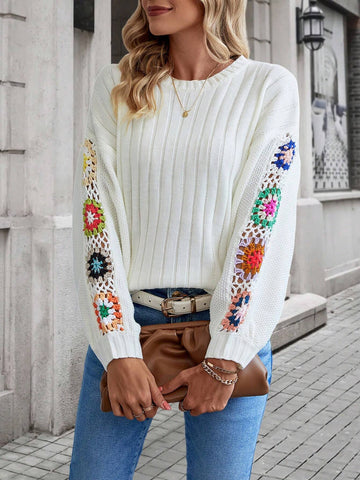 Essnce Floral Crochet Drop Shoulder Sweater shein