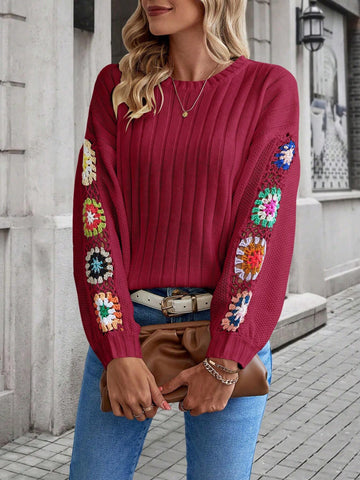 Essnce Floral Crochet Drop Shoulder Sweater shein