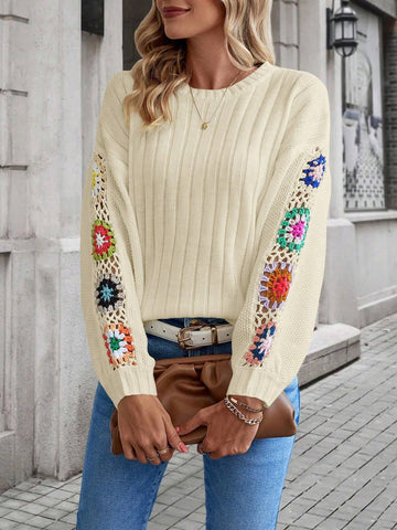 Essnce Floral Crochet Drop Shoulder Sweater shein