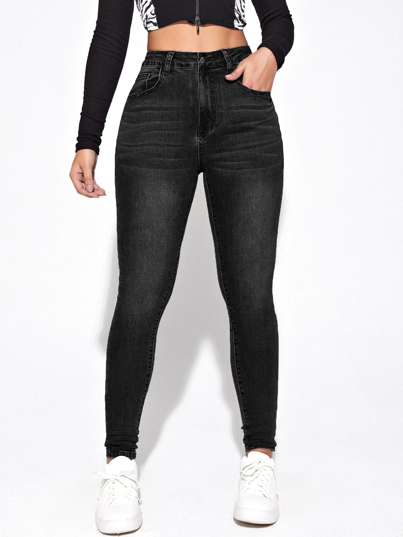 Essnce High Waist Bleach Wash Skinny Jeans shein