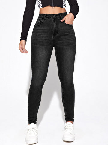 Essnce High Waist Bleach Wash Skinny Jeans shein