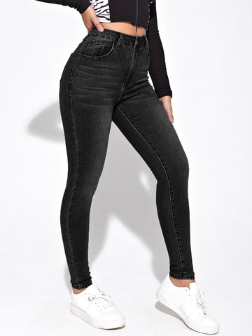 Essnce High Waist Bleach Wash Skinny Jeans shein