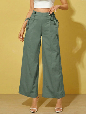 Essnce Lace Up Side Wide Leg Pants shein