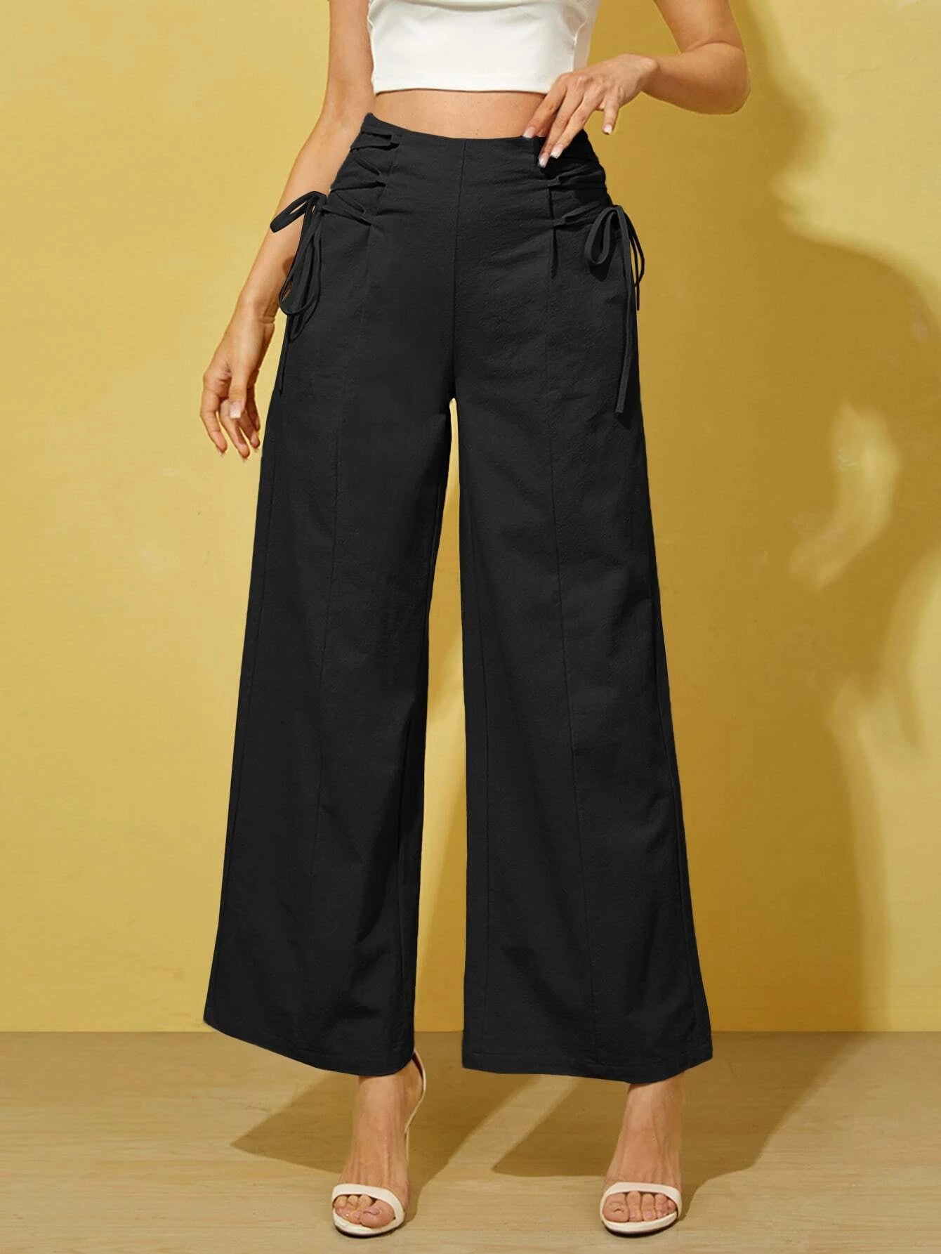 Essnce Lace Up Side Wide Leg Pants shein