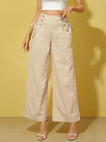 Essnce Lace Up Side Wide Leg Pants shein