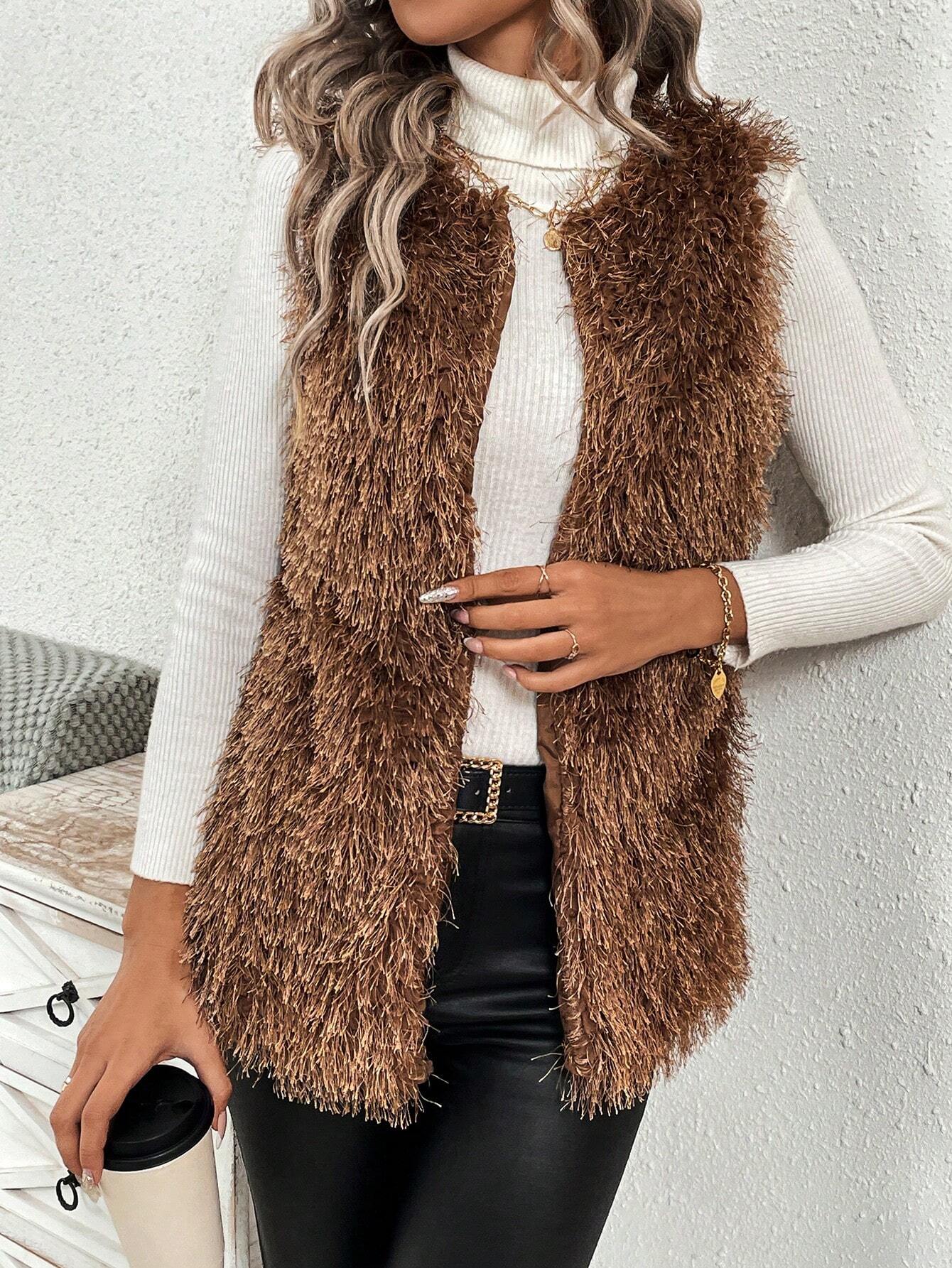 Essnce Ladies' Furry Front Open Vest Coat shein