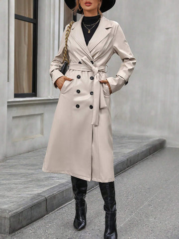 Essnce Lapel Neck Double Breasted Belted PU Trench Coat shein