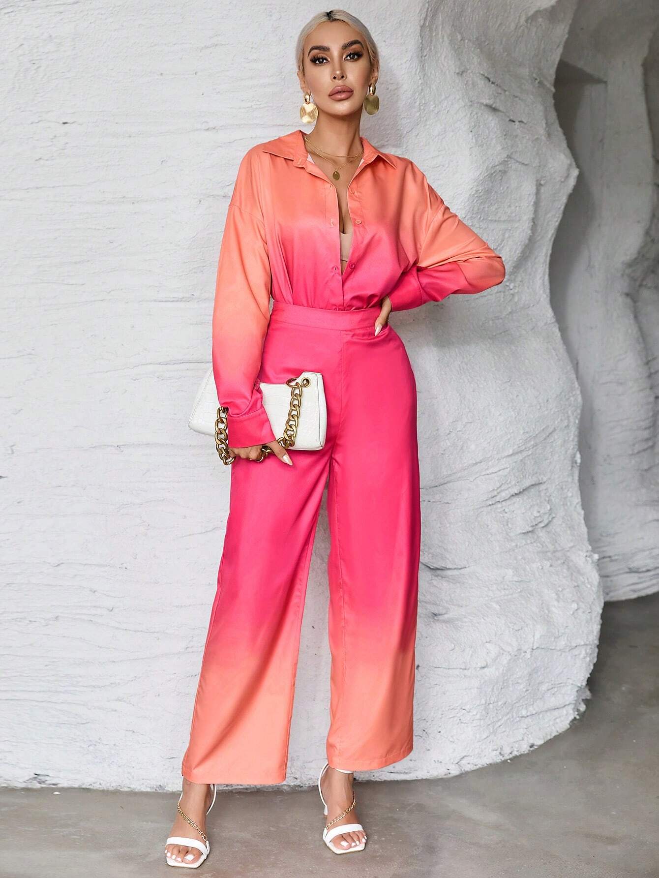 Essnce Ombre Drop Shoulder Shirt & Wide Leg Pants shein