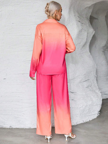 Essnce Ombre Drop Shoulder Shirt & Wide Leg Pants shein