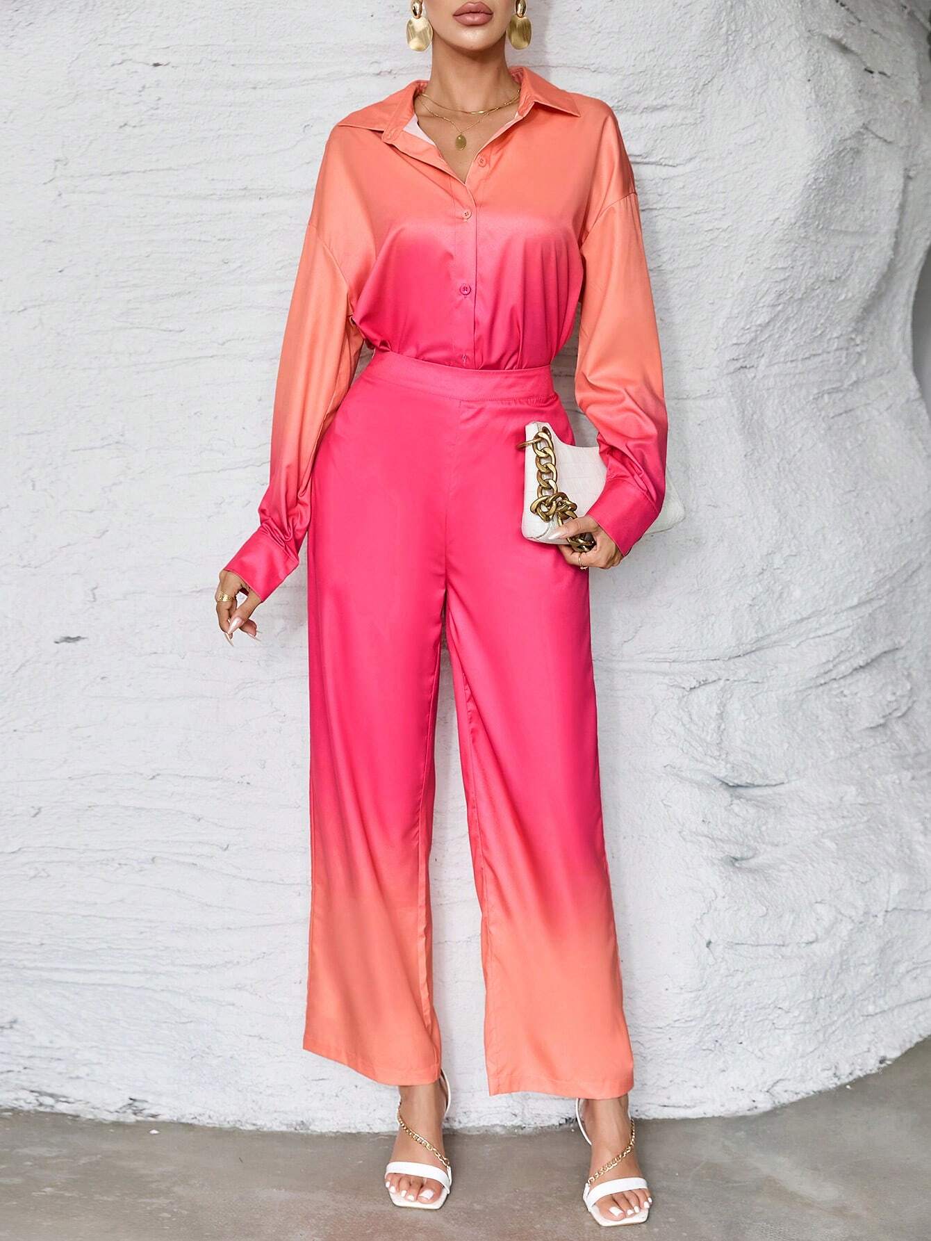 Essnce Ombre Drop Shoulder Shirt & Wide Leg Pants shein