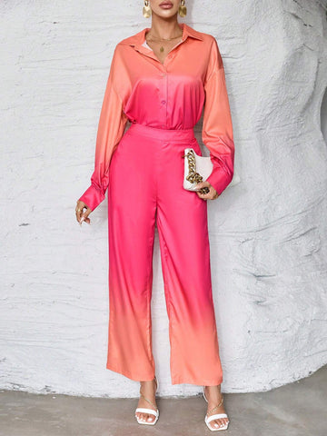 Essnce Ombre Drop Shoulder Shirt & Wide Leg Pants shein