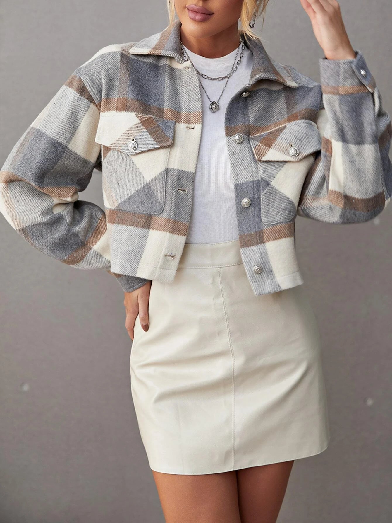 Essnce Plaid Print Drop Shoulder Crop Overcoat shein