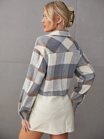 Essnce Plaid Print Drop Shoulder Crop Overcoat shein