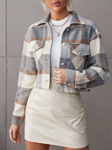 Essnce Plaid Print Drop Shoulder Crop Overcoat shein