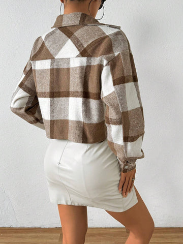 Essnce Plaid Print Drop Shoulder Crop Overcoat shein