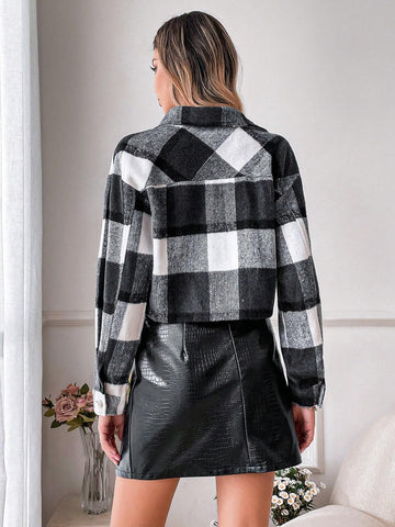 Essnce Plaid Print Drop Shoulder Crop Overcoat shein