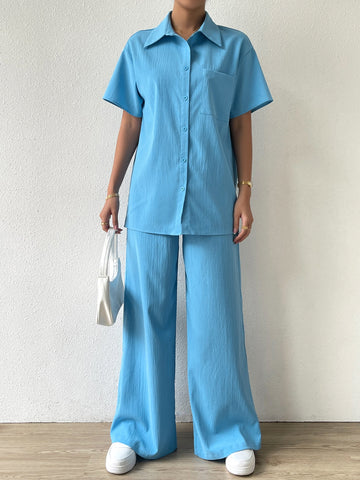 Essnce Solid Button Front Shirt & Pants shein