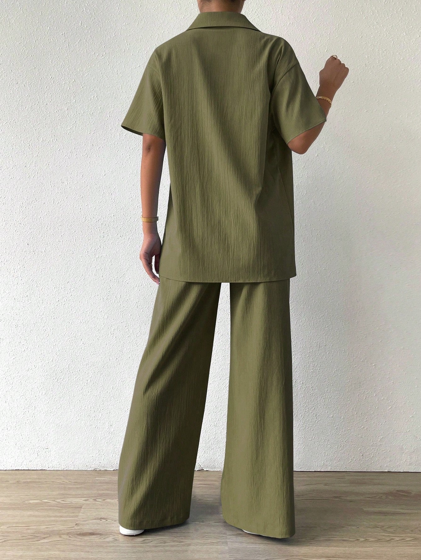 Essnce Solid Button Front Shirt & Pants shein