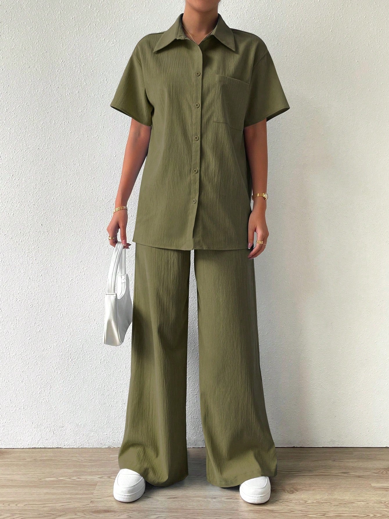 Essnce Solid Button Front Shirt & Pants shein