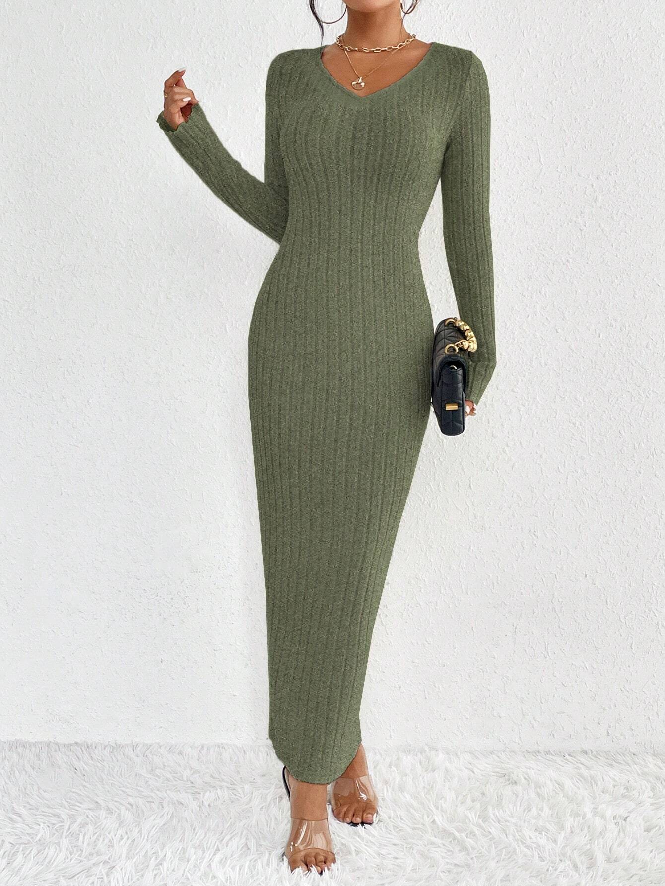 Essnce Solid Ribbed Knit Knot Back Fitted Dress shein