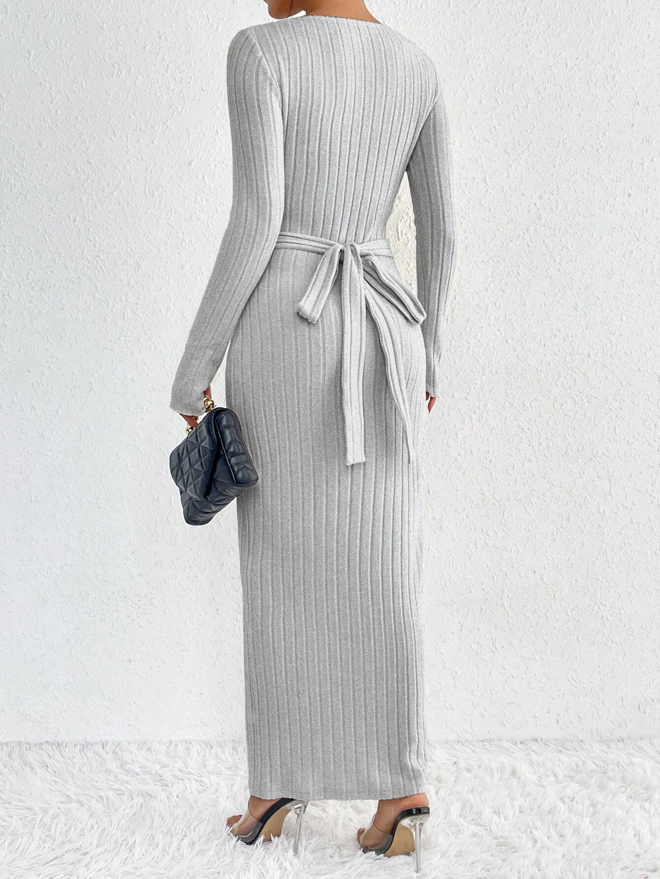 Essnce Solid Ribbed Knit Knot Back Fitted Dress shein