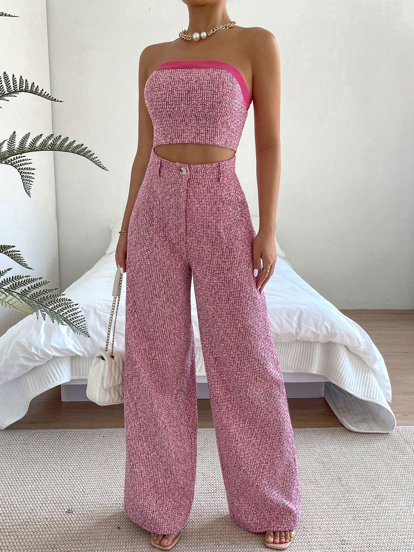 Essnce Solid Tube Top & Wide Leg Pants shein