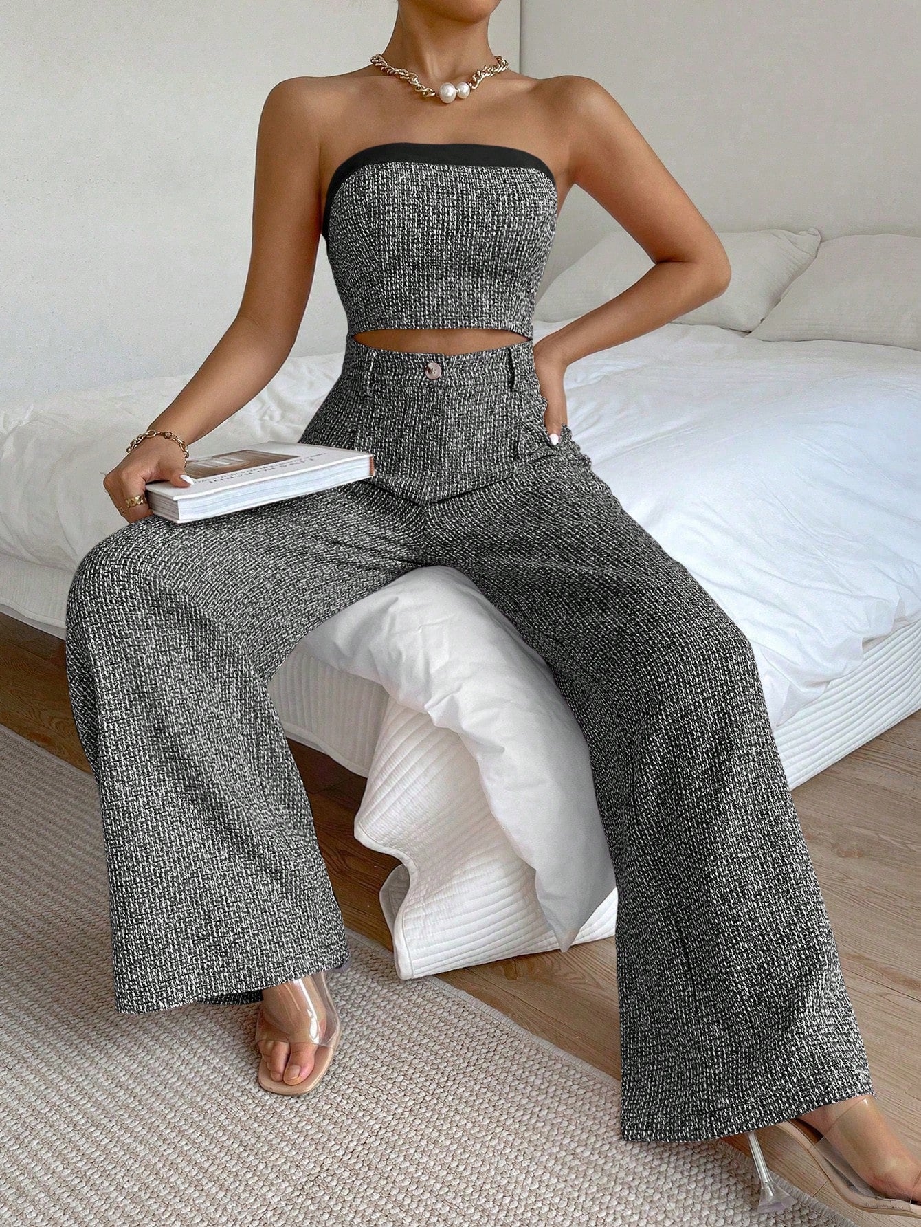 Essnce Solid Tube Top & Wide Leg Pants shein