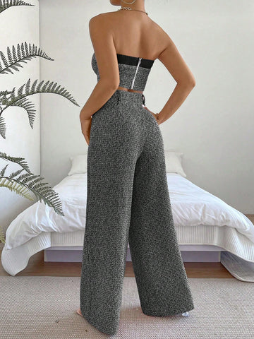 Essnce Solid Tube Top & Wide Leg Pants shein