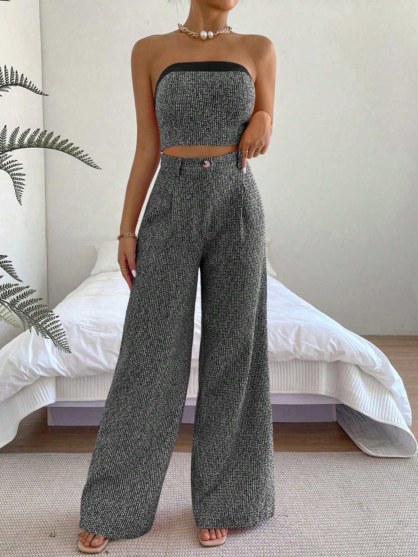 Essnce Solid Tube Top & Wide Leg Pants shein