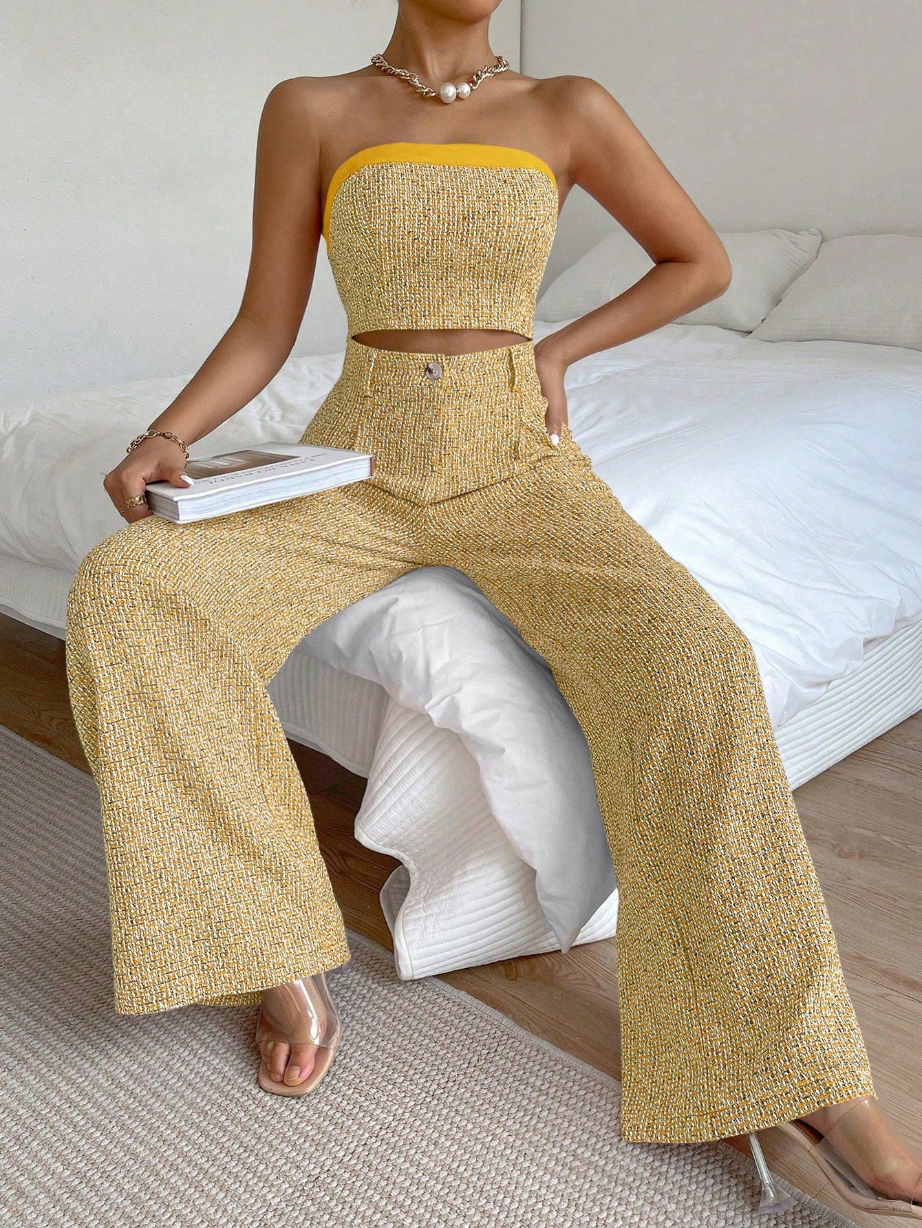 Essnce Solid Tube Top & Wide Leg Pants shein