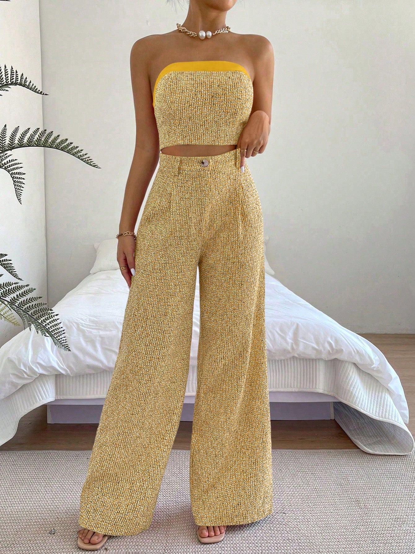 Essnce Solid Tube Top & Wide Leg Pants shein