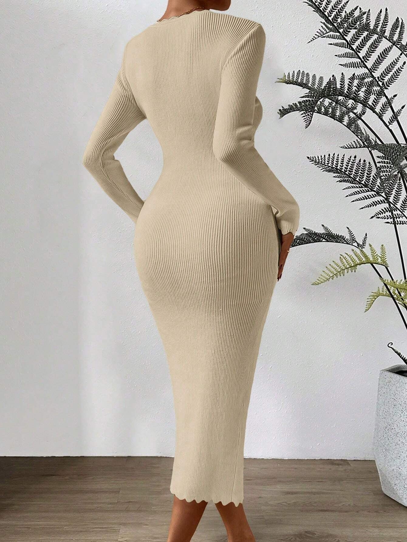 Essnce Sweetheart Neck Scallop Trim Bodycon Sweater Dress shein
