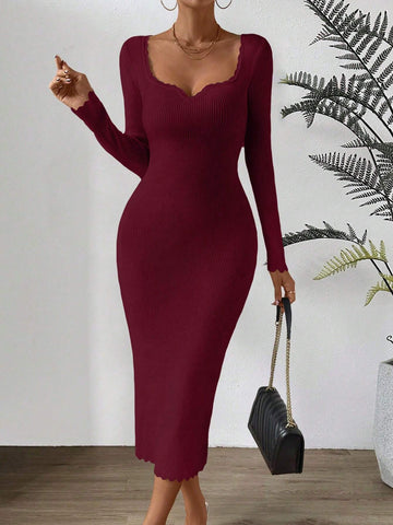 Essnce Sweetheart Neck Scallop Trim Bodycon Sweater Dress shein