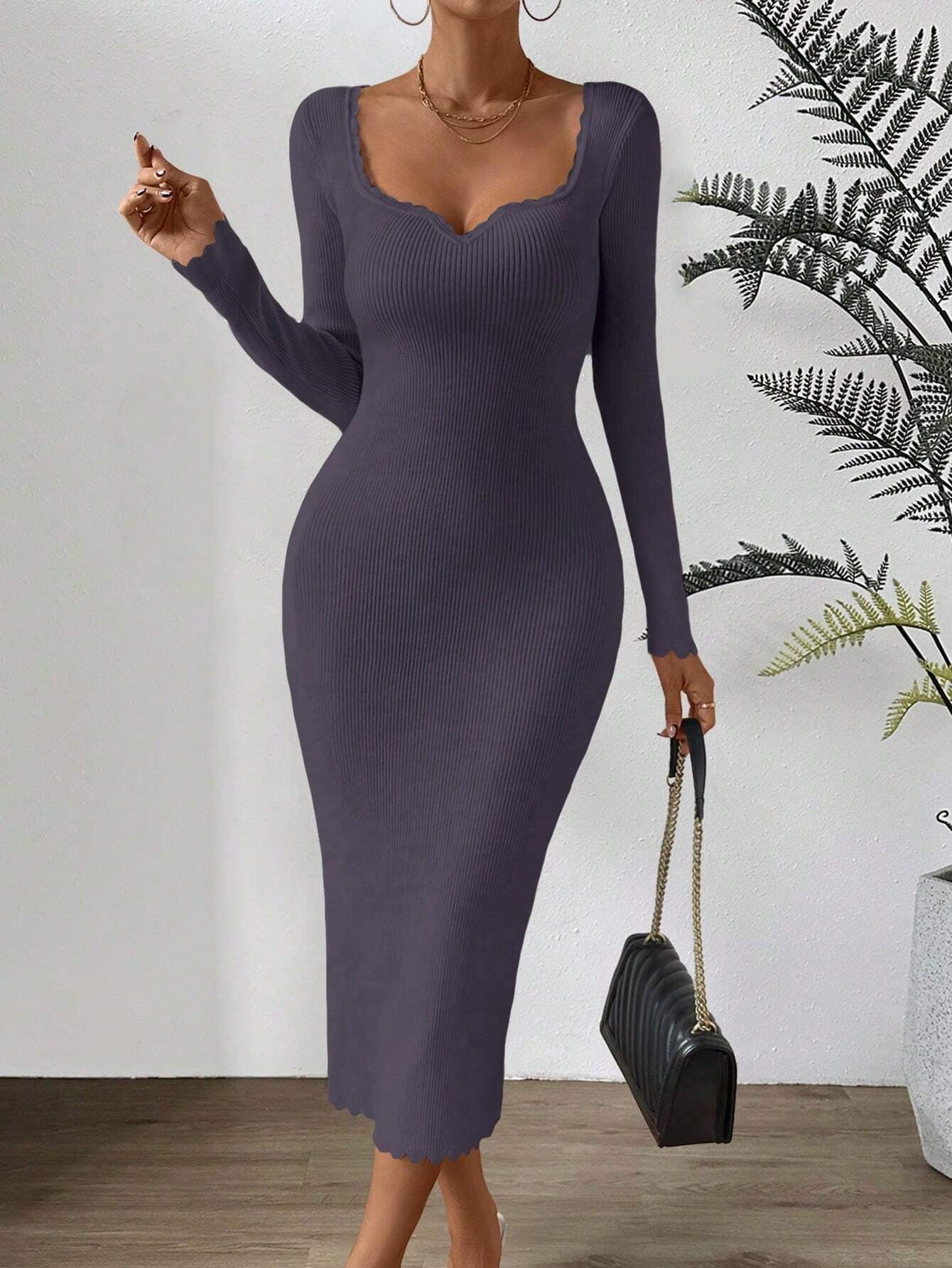 Essnce Sweetheart Neck Scallop Trim Bodycon Sweater Dress shein