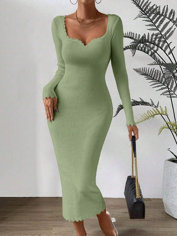 Essnce Sweetheart Neck Scallop Trim Bodycon Sweater Dress shein