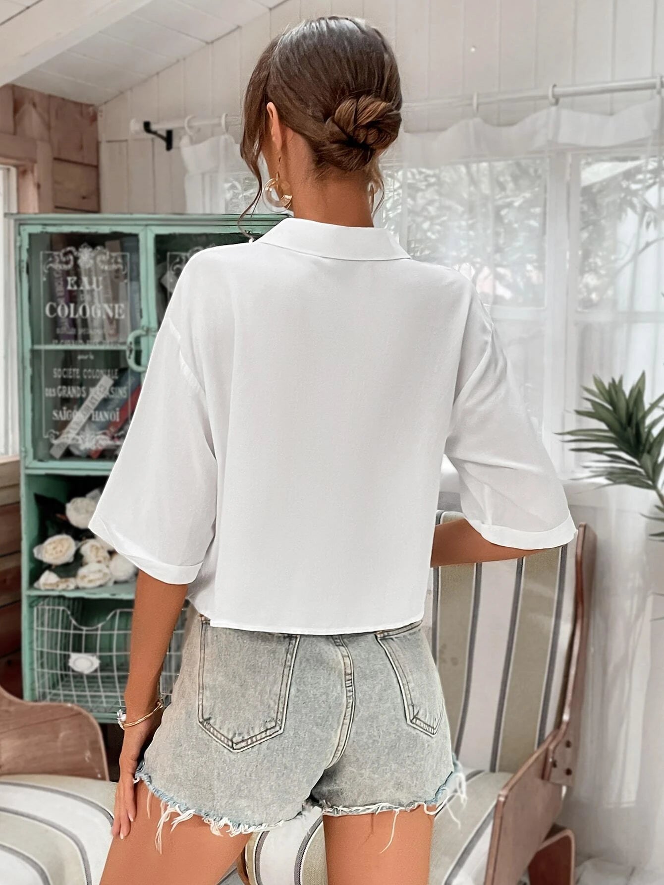 Essnce Textured Button Front Short Sleeve Shirt shein