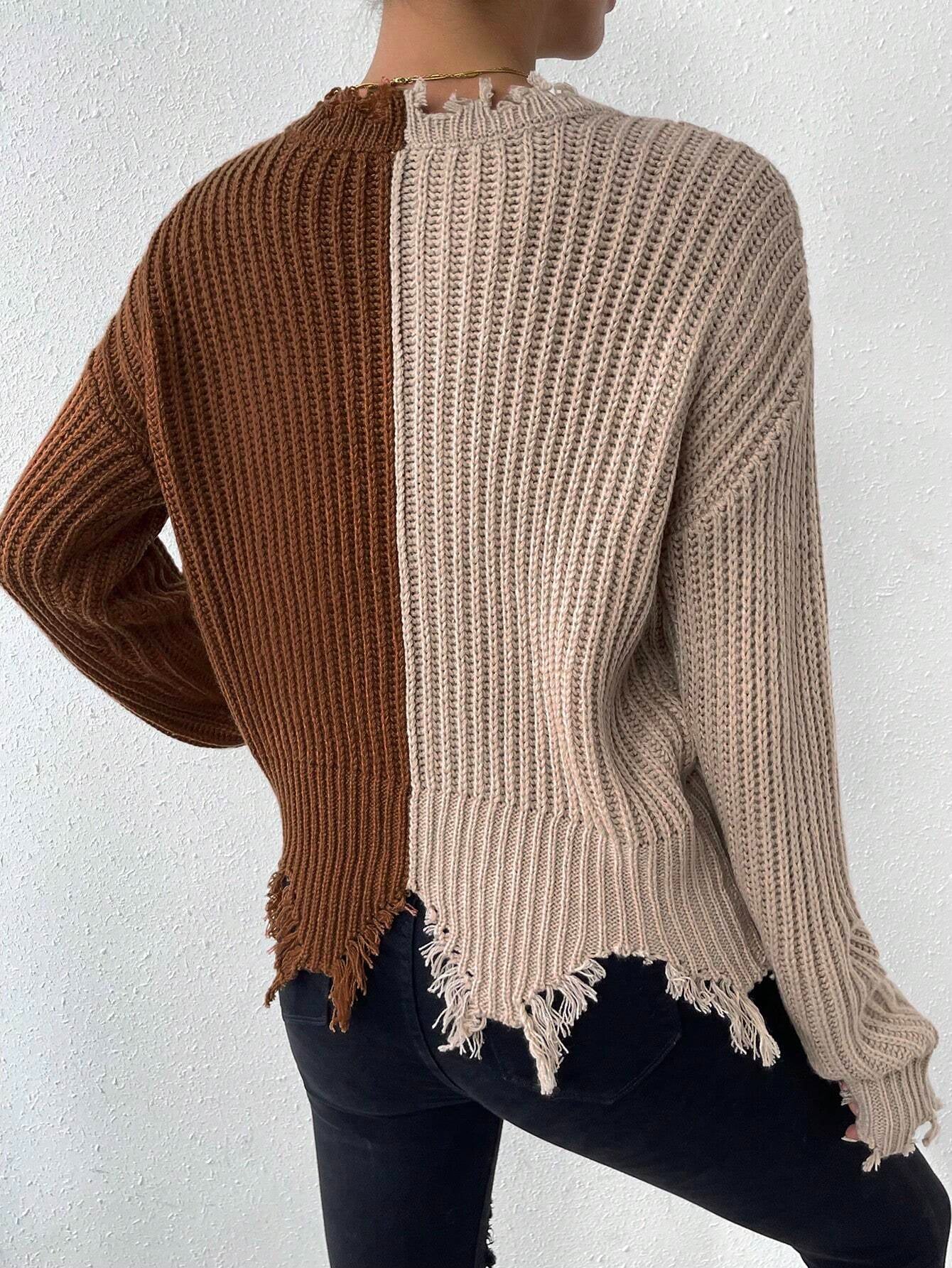 Essnce Two Tone Drop Shoulder Distressed Trim Sweater shein