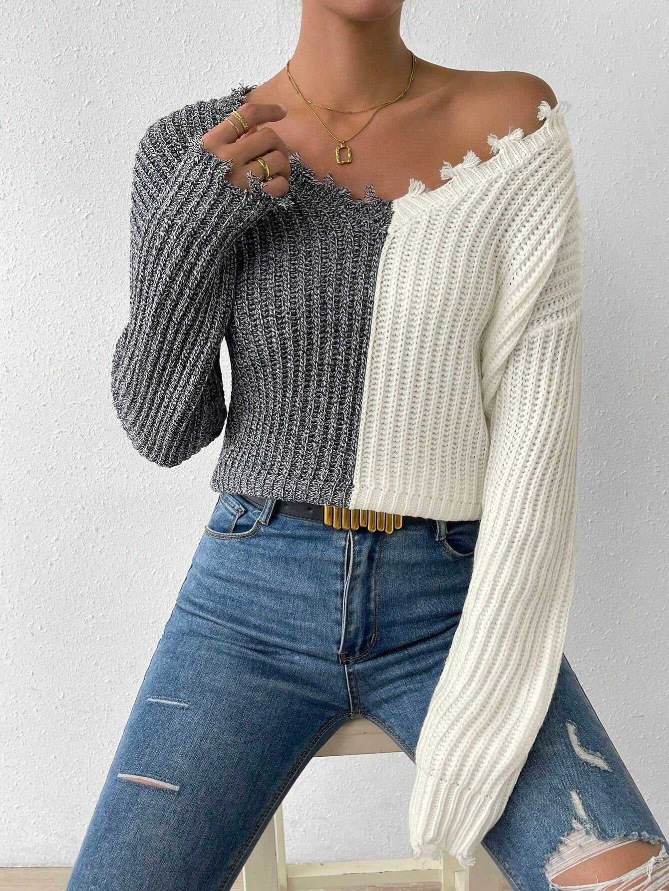 Essnce Two Tone Drop Shoulder Distressed Trim Sweater shein