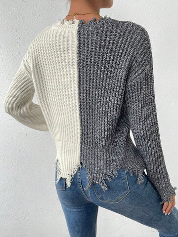 Essnce Two Tone Drop Shoulder Distressed Trim Sweater shein