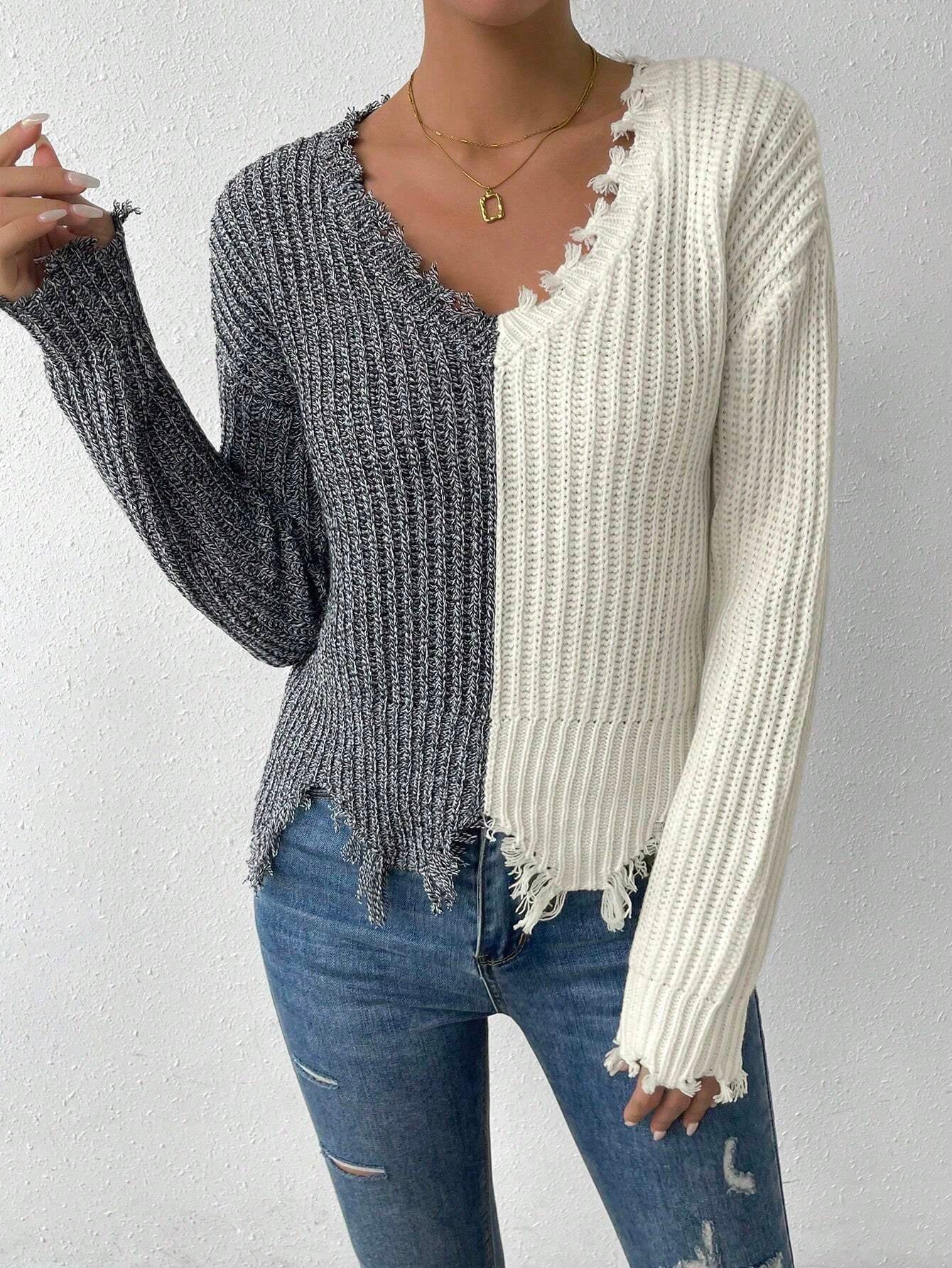 Essnce Two Tone Drop Shoulder Distressed Trim Sweater shein