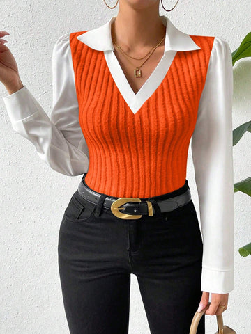 Essnce Two Tone Puff Sleeve 2 In 1 Top shein