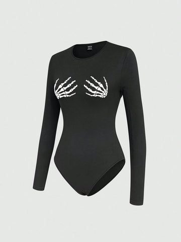 Essnce Women's Skeleton Hand Printed Long Sleeve Bodysuit shein