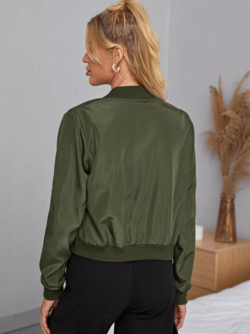 Essnce Zipper Detail Solid Bomber Jacket shein