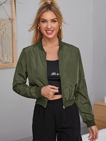 Essnce Zipper Detail Solid Bomber Jacket shein