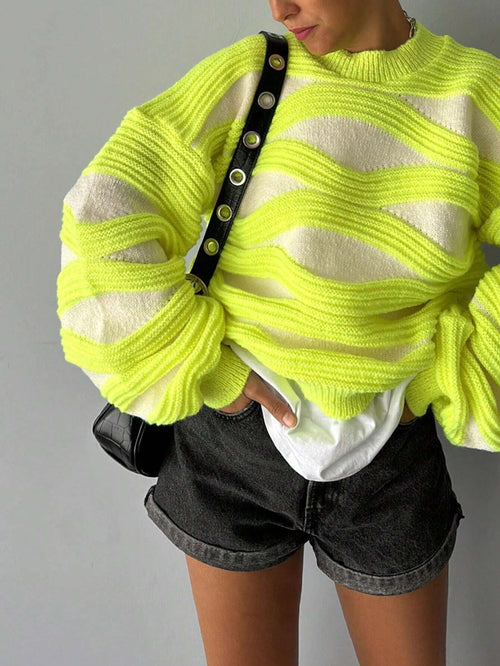Women Round Neck Wave Stripe Color Collision Long-Sleeved Knit Sweater shein