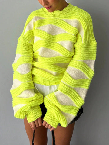 Women Round Neck Wave Stripe Color Collision Long-Sleeved Knit Sweater