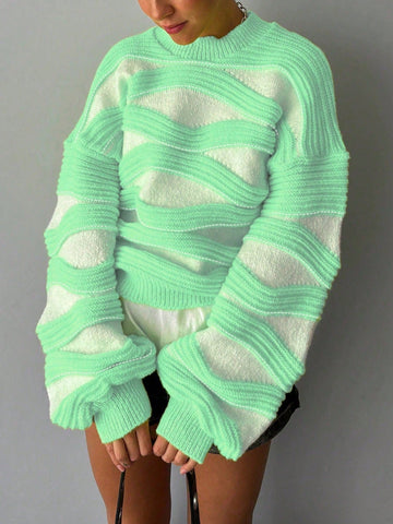 Women Round Neck Wave Stripe Color Collision Long-Sleeved Knit Sweater