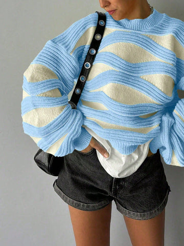 Women Round Neck Wave Stripe Color Collision Long-Sleeved Knit Sweater