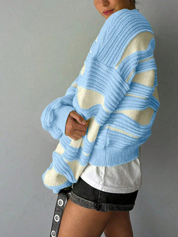 Women Round Neck Wave Stripe Color Collision Long-Sleeved Knit Sweater