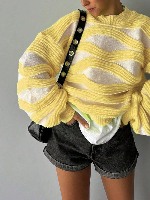 Women Round Neck Wave Stripe Color Collision Long-Sleeved Knit Sweater shein